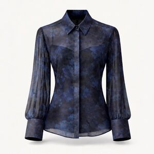 Blouse Sheer Blue Black Abstract EU 40 US 8 NWT Lynne